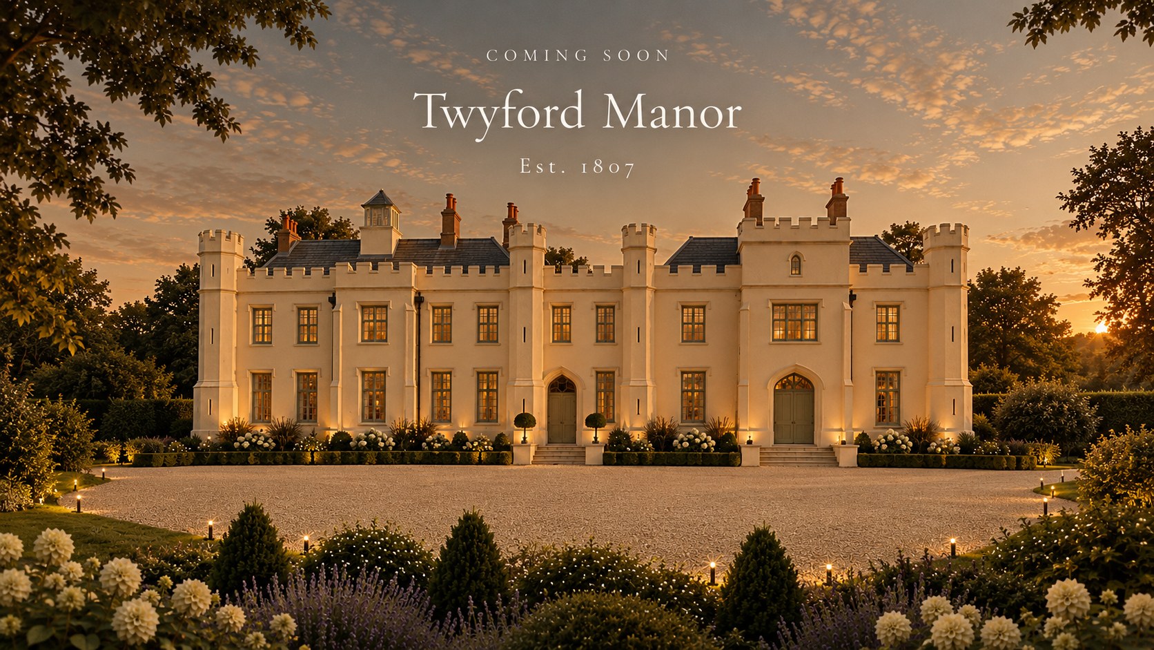 Twyford Manor at dusk, coming soon, established 1807